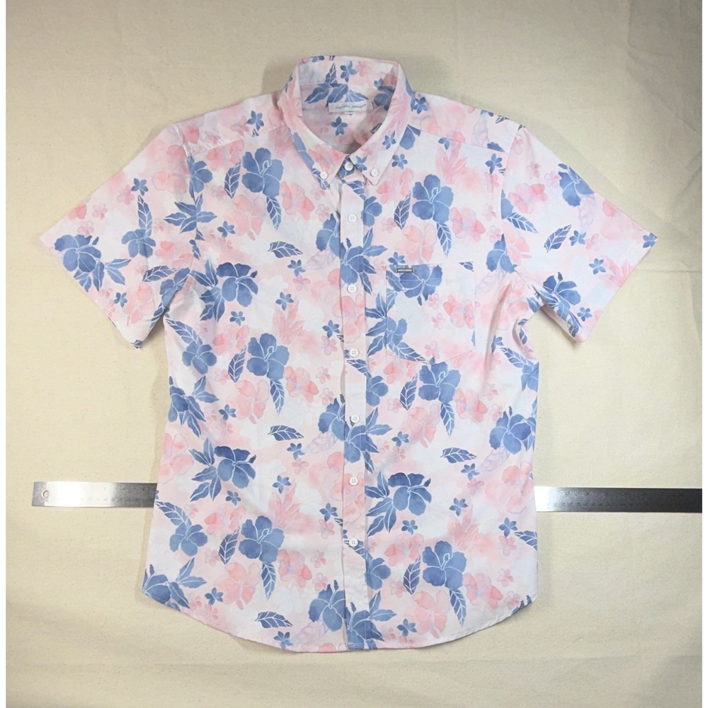 Vintage Summer Men's M Pink Blue Floral Hawaiian SS Button-Down Stretch